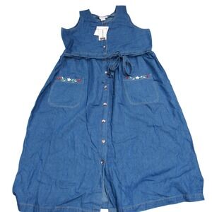 Comfort Corner‎ Womens Blue Denim Embroidered Button Front Midi Dress Large L